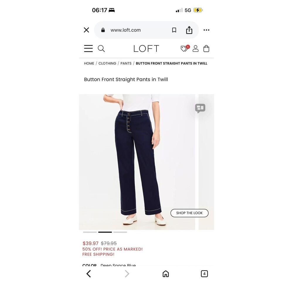 Women’s Size 10 Large Loft Colorblock stitch white navy button front pants